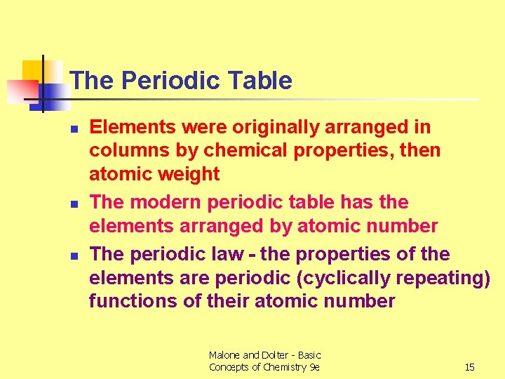The Periodic Table n n n Elements were originally arranged in columns by chemical