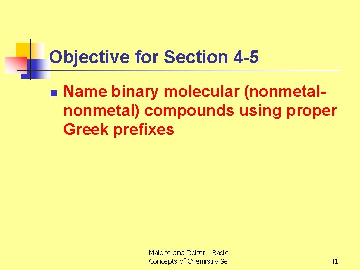 Objective for Section 4 -5 n Name binary molecular (nonmetal) compounds using proper Greek