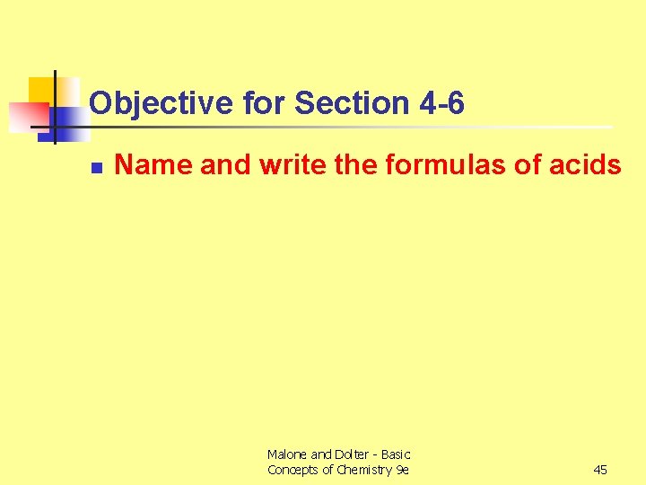 Objective for Section 4 -6 n Name and write the formulas of acids Malone