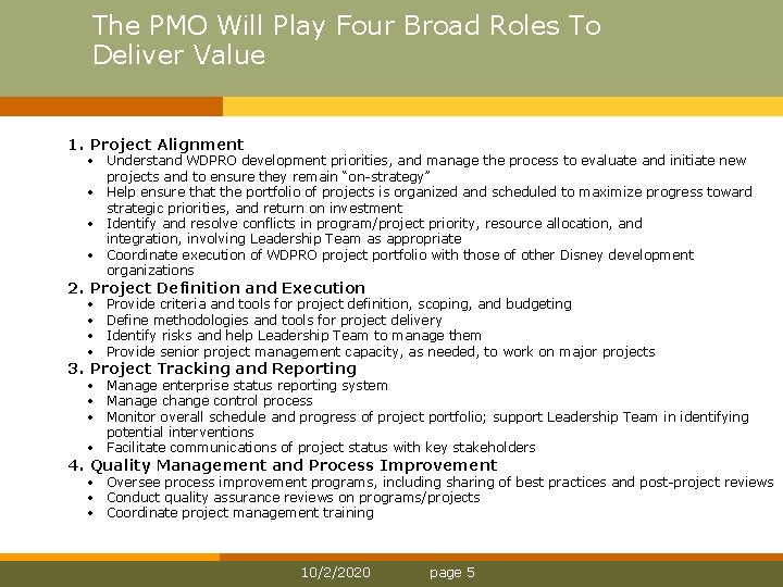 The PMO Will Play Four Broad Roles To Deliver Value 1. Project Alignment •