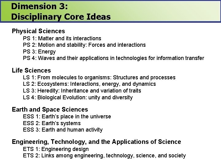 Dimension 3: Disciplinary Core Ideas Physical Sciences PS 1: Matter and its interactions PS