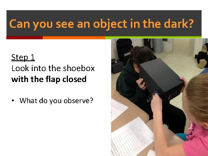 Can you see an object in the dark? Step 1 Look into the shoebox