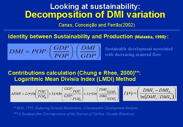 Looking at sustainability: Decomposition of DMI variation Canas, Conceição and Ferrão(2002) Identity between Sustainability