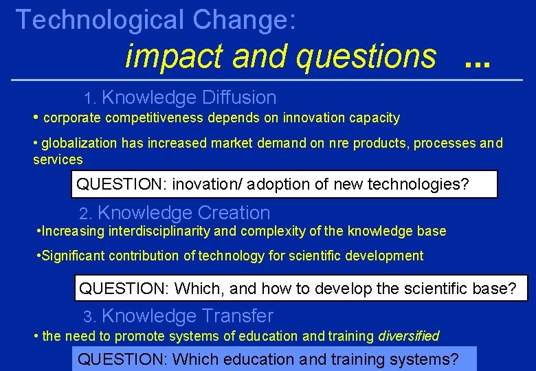 Technological Change: impact and questions. . . 1. Knowledge Diffusion • corporate competitiveness depends