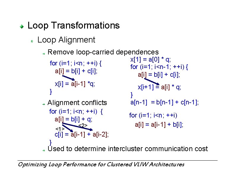 Loop Transformations Loop Alignment Remove loop-carried dependences for (i=1; i<n; ++i) { a[i] =