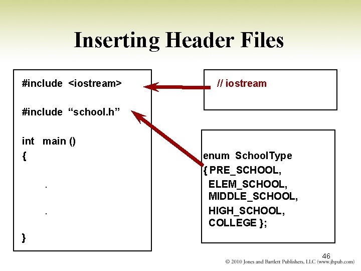 Inserting Header Files #include <iostream> // iostream #include “school. h” int main () {.