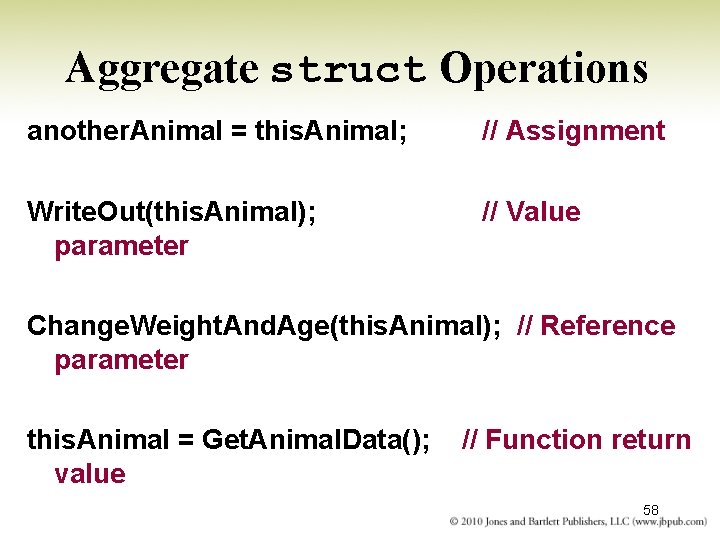 Aggregate struct Operations another. Animal = this. Animal; // Assignment Write. Out(this. Animal); parameter Aggregate struct Operations another. Animal = this. Animal; // Assignment Write. Out(this. Animal); parameter