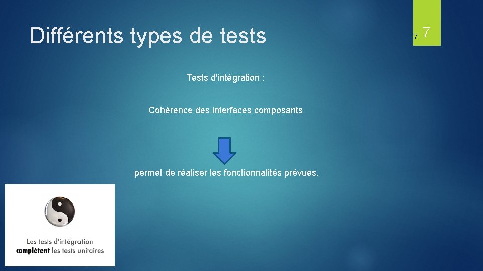 Différents types de tests Tests d'intégration : Cohérence des interfaces composants permet de réaliser