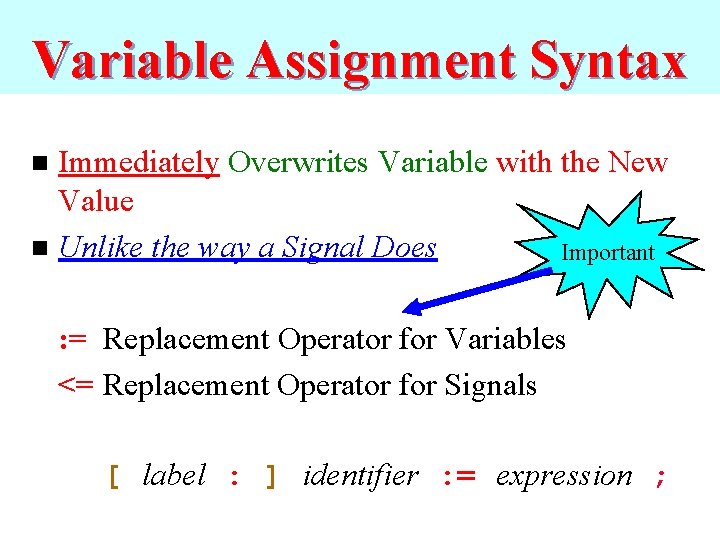 Variable Assignment Syntax Immediately Overwrites Variable with the New Value n Unlike the way