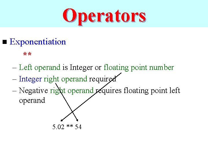 Operators n Exponentiation ** – Left operand is Integer or floating point number –