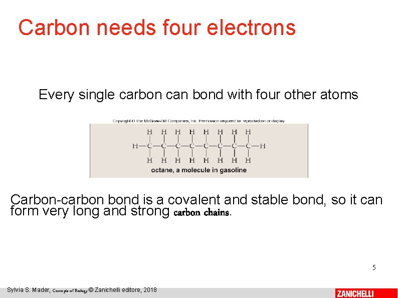 Carbon needs four electrons Every single carbon can bond with four other atoms Carbon-carbon