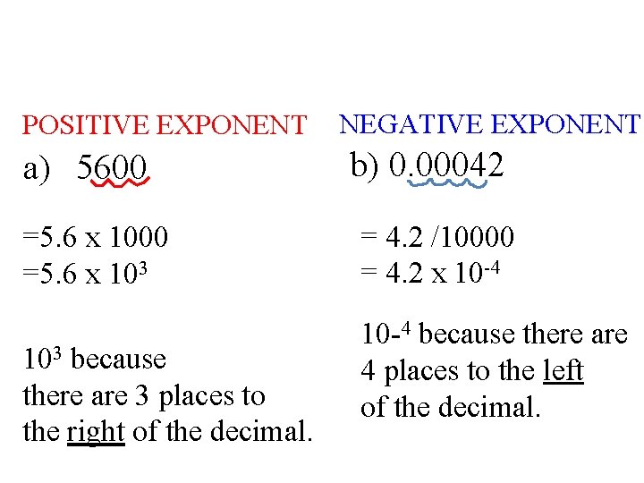 POSITIVE EXPONENT a) 5600 =5. 6 x 103 103 because there are 3 places POSITIVE EXPONENT a) 5600 =5. 6 x 103 103 because there are 3 places