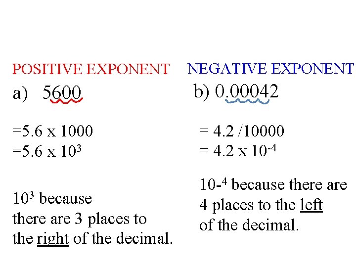 POSITIVE EXPONENT a) 5600 =5. 6 x 103 103 because there are 3 places