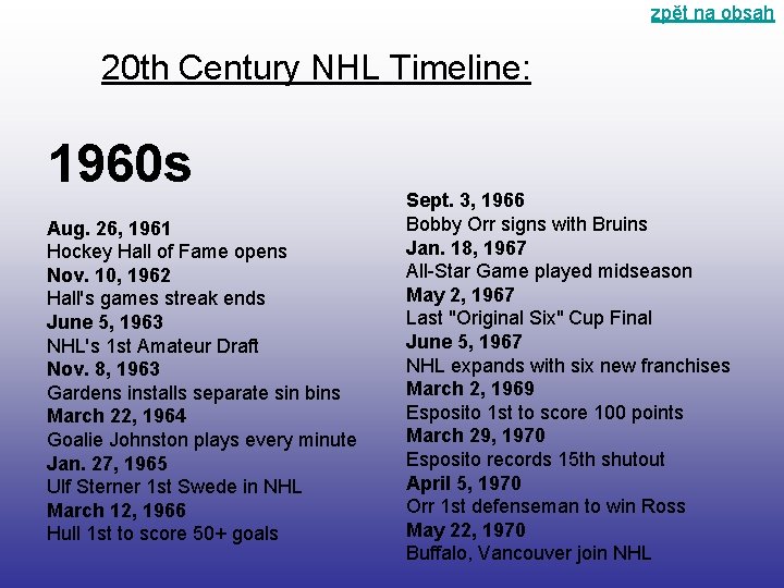 zpět na obsah 20 th Century NHL Timeline: 1960 s Aug. 26, 1961 Hockey