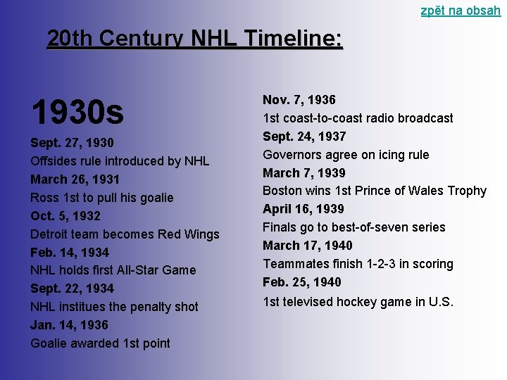 zpět na obsah 20 th Century NHL Timeline: 1930 s Sept. 27, 1930 Offsides