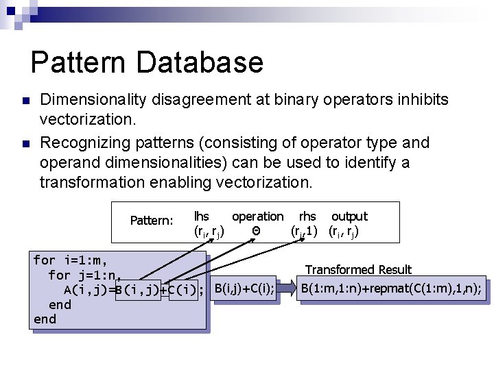 Pattern Database n n Dimensionality disagreement at binary operators inhibits vectorization. Recognizing patterns (consisting