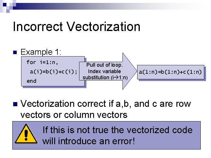 Incorrect Vectorization n Example 1: for i=1: n, Pull out of loop. Index variable
