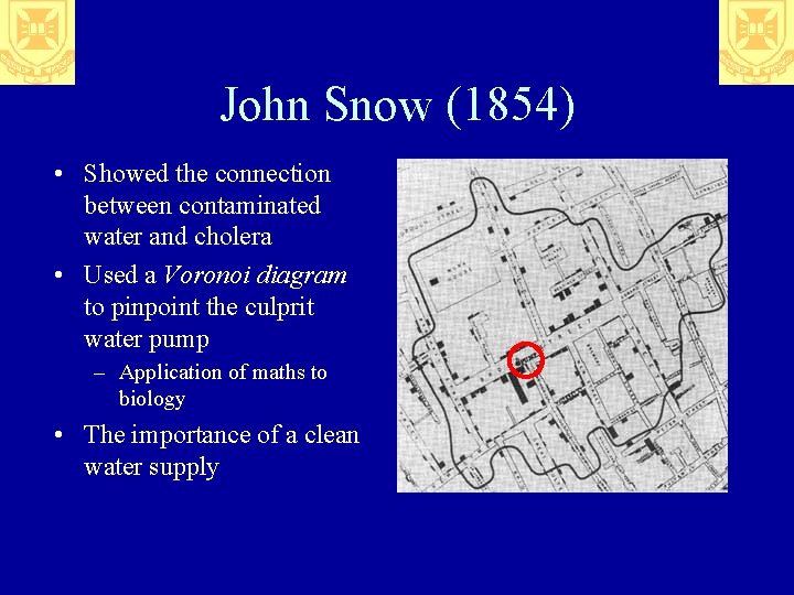 John Snow (1854) • Showed the connection between contaminated water and cholera • Used