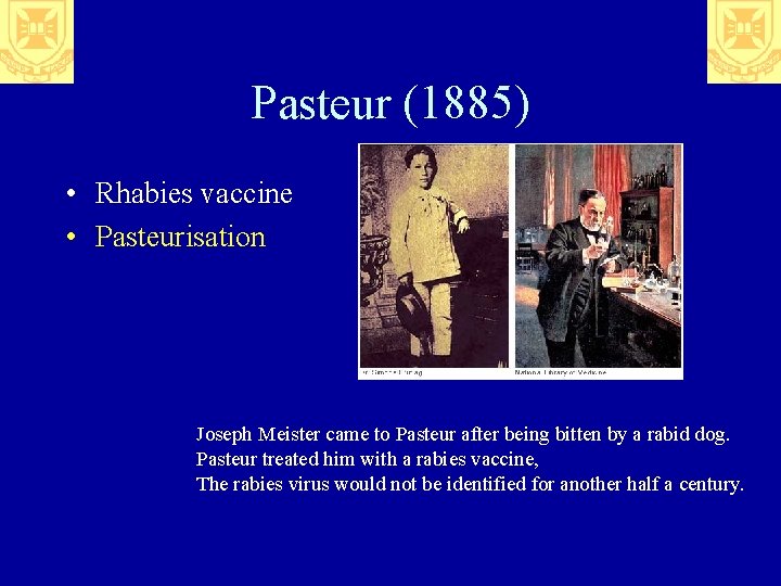 Pasteur (1885) • Rhabies vaccine • Pasteurisation Joseph Meister came to Pasteur after being