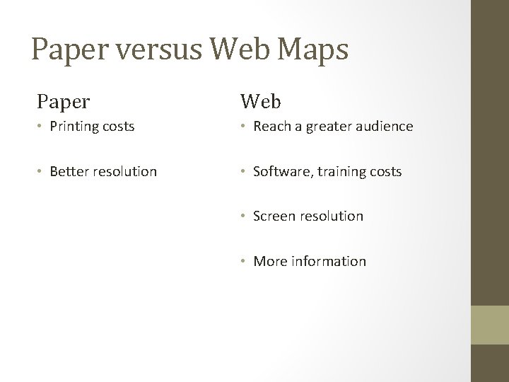 Paper versus Web Maps Paper Web • Printing costs • Reach a greater audience