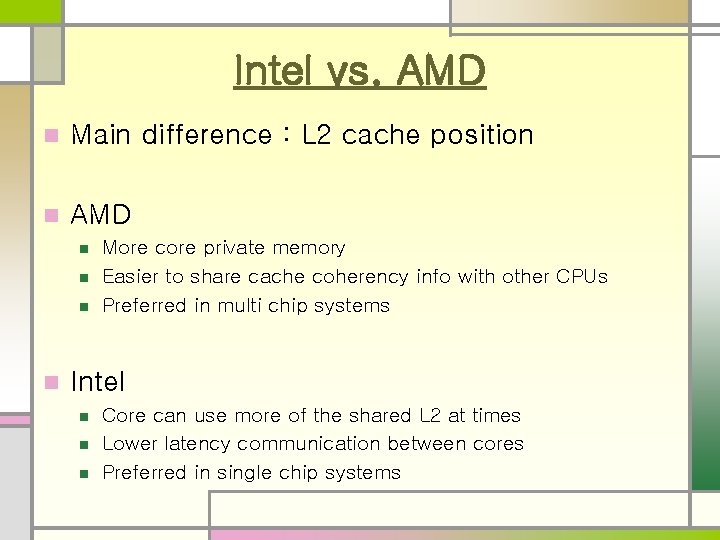Intel vs. AMD n Main difference : L 2 cache position n AMD n