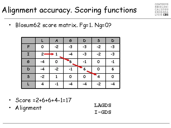 Alignment accuracy. Scoring functions • Blosum 62 score matrix. Fg=1. Ng=0? L A G