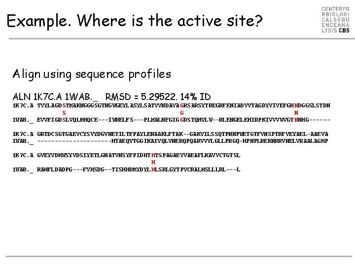 Example. Where is the active site? Align using sequence profiles ALN 1 K 7