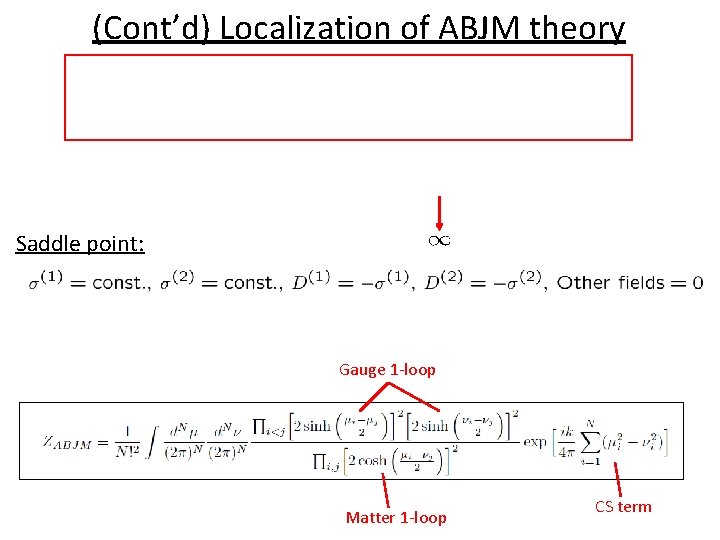 (Cont’d) Localization of ABJM theory Saddle point: Gauge 1 -loop Matter 1 -loop CS