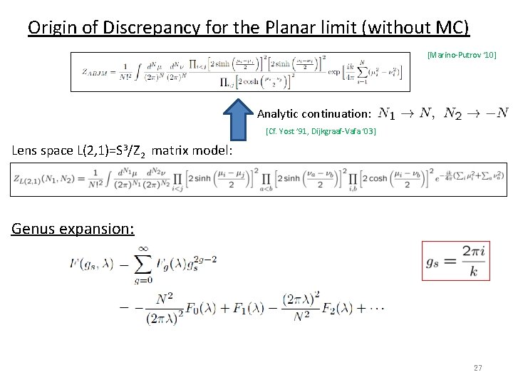 Origin of Discrepancy for the Planar limit (without MC) [Marino-Putrov ‘ 10] Analytic continuation: