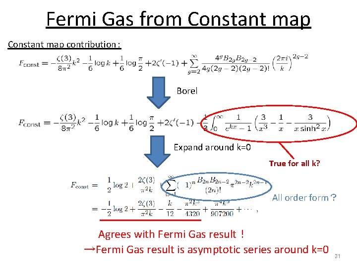 Fermi Gas from Constant map contribution： Borel Expand around k=0 True for all k?