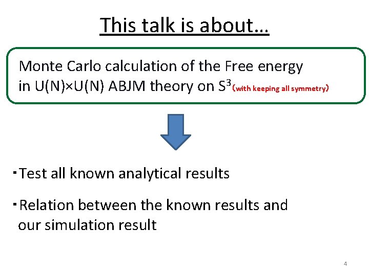 This talk is about… Monte Carlo calculation of the Free energy in U(N)×U(N) ABJM