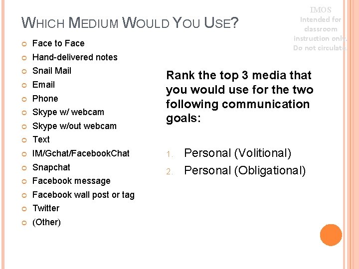 WHICH MEDIUM WOULD YOU USE? Face to Face Hand-delivered notes Snail Mail Email Phone