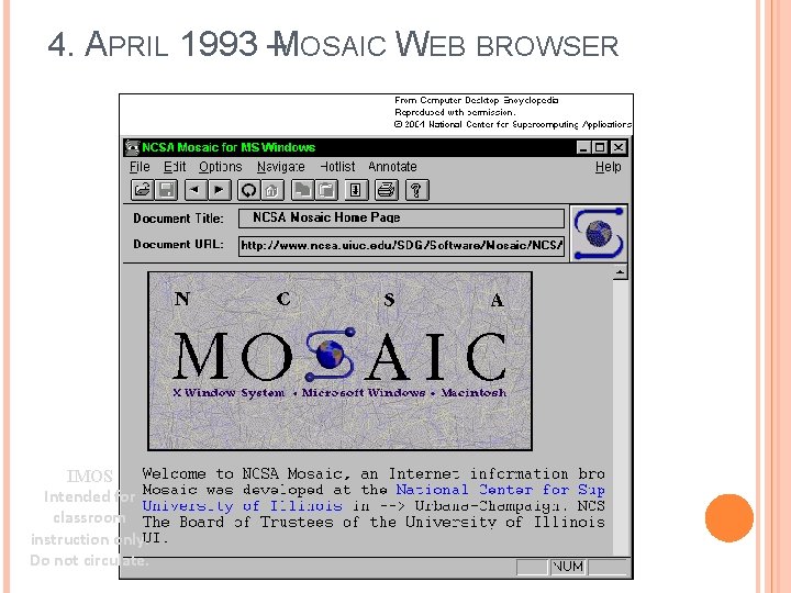 4. APRIL 1993 –MOSAIC WEB BROWSER IMOS Intended for classroom instruction only. Do not