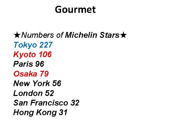 Gourmet ★Numbers of Michelin Stars★ Tokyo 227 Kyoto 106 Paris 96 Osaka 79 New