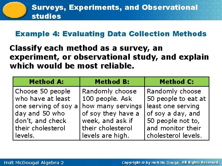 Surveys, Experiments, and Observational studies Example 4: Evaluating Data Collection Methods Classify each method