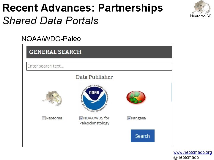 Recent Advances: Partnerships Shared Data Portals Neotoma DB NOAA/WDC-Paleo www. neotomadb. org @neotomadb 