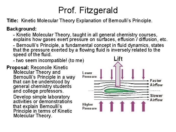 Prof. Fitzgerald Title: Kinetic Molecular Theory Explanation of Bernoulli’s Principle. Background: - Kinetic Molecular