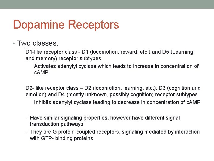 Dopamine Receptors • Two classes: D 1 -like receptor class - D 1 (locomotion,