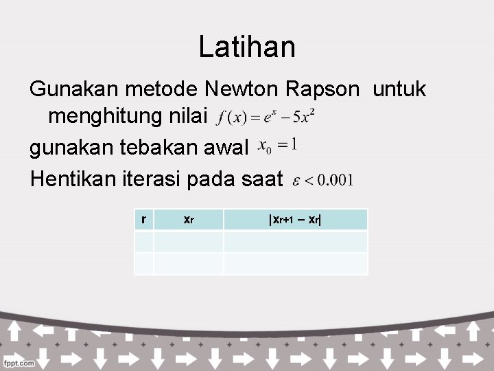 Latihan Gunakan metode Newton Rapson untuk menghitung nilai gunakan tebakan awal Hentikan iterasi pada