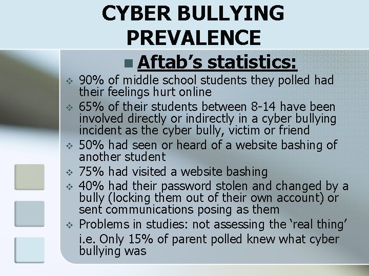 CYBER BULLYING PREVALENCE n Aftab’s v v v statistics: 90% of middle school students