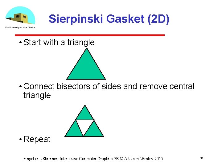 Sierpinski Gasket (2 D) • Start with a triangle • Connect bisectors of sides