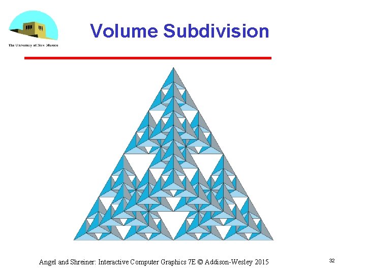 Volume Subdivision Angel and Shreiner: Interactive Computer Graphics 7 E © Addison-Wesley 2015 32