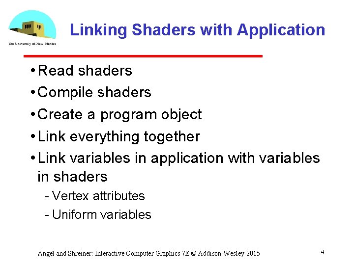 Linking Shaders with Application • Read shaders • Compile shaders • Create a program