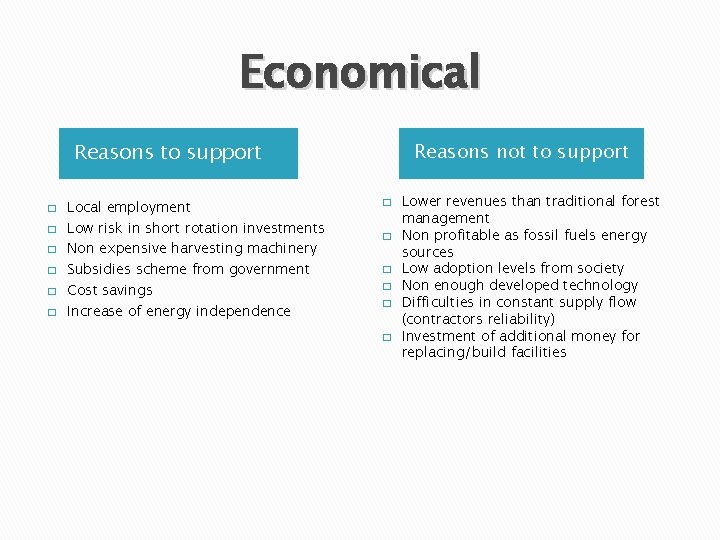 Economical Reasons to support � � � Local employment Low risk in short rotation