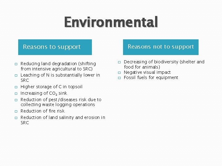 Environmental Reasons to support � � � � Reducing land degradation (shifting from intensive