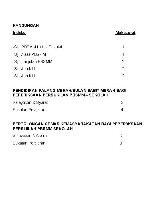 KANDUNGAN Indeks Mukasurat -Sijil PBSMM Untuk Sekolah 1 -Sijil Asas PBSMM 1 -Sijil Lanjutan