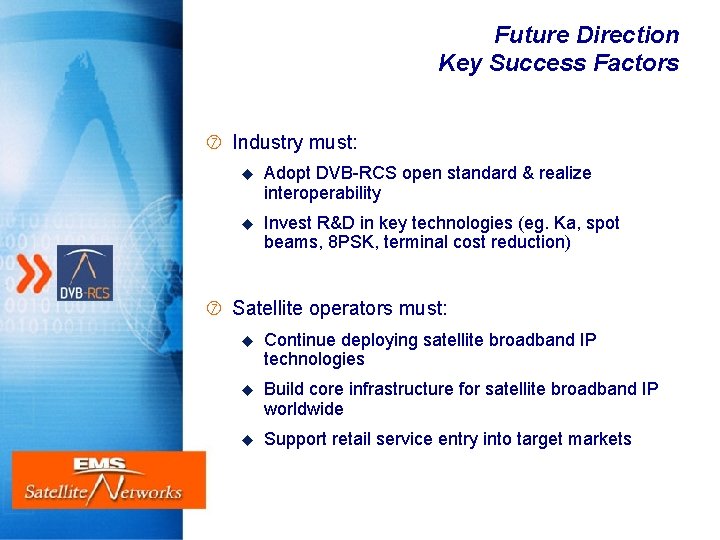 Future Direction Key Success Factors Industry must: u Adopt DVB-RCS open standard & realize