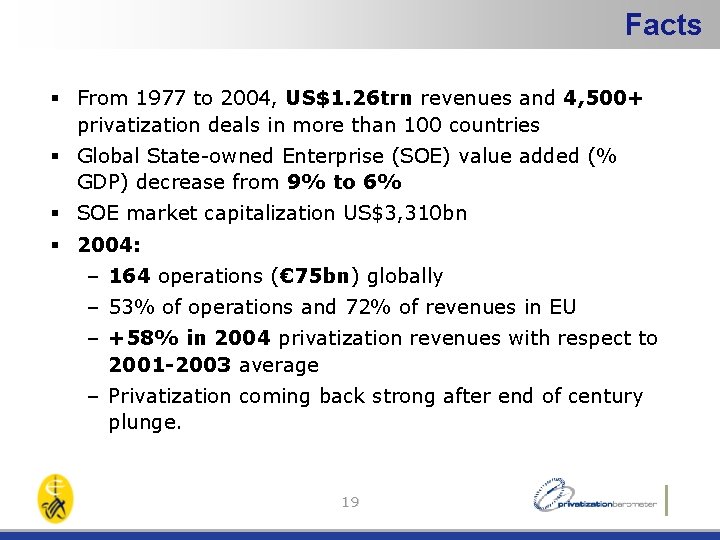 Facts § From 1977 to 2004, US$1. 26 trn revenues and 4, 500+ privatization