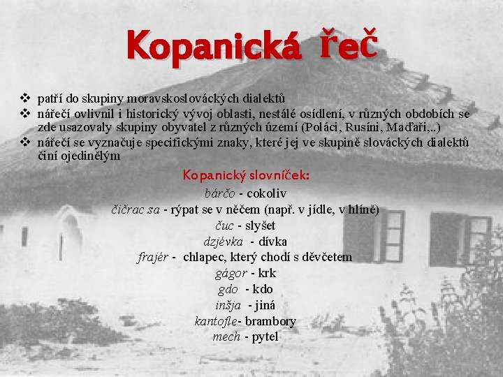 Kopanická řeč v patří do skupiny moravskoslováckých dialektů v nářečí ovlivnil i historický vývoj