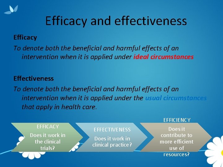 Efficacy and effectiveness Efficacy To denote both the beneficial and harmful effects of an